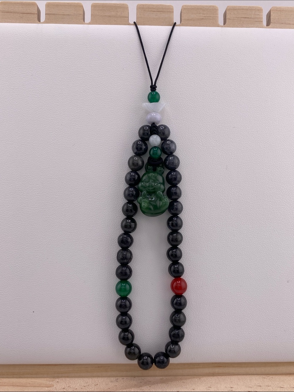 Hetian Jade Rabbit Phone Charm - Natural Black Jade Beads & Carved Nephrite